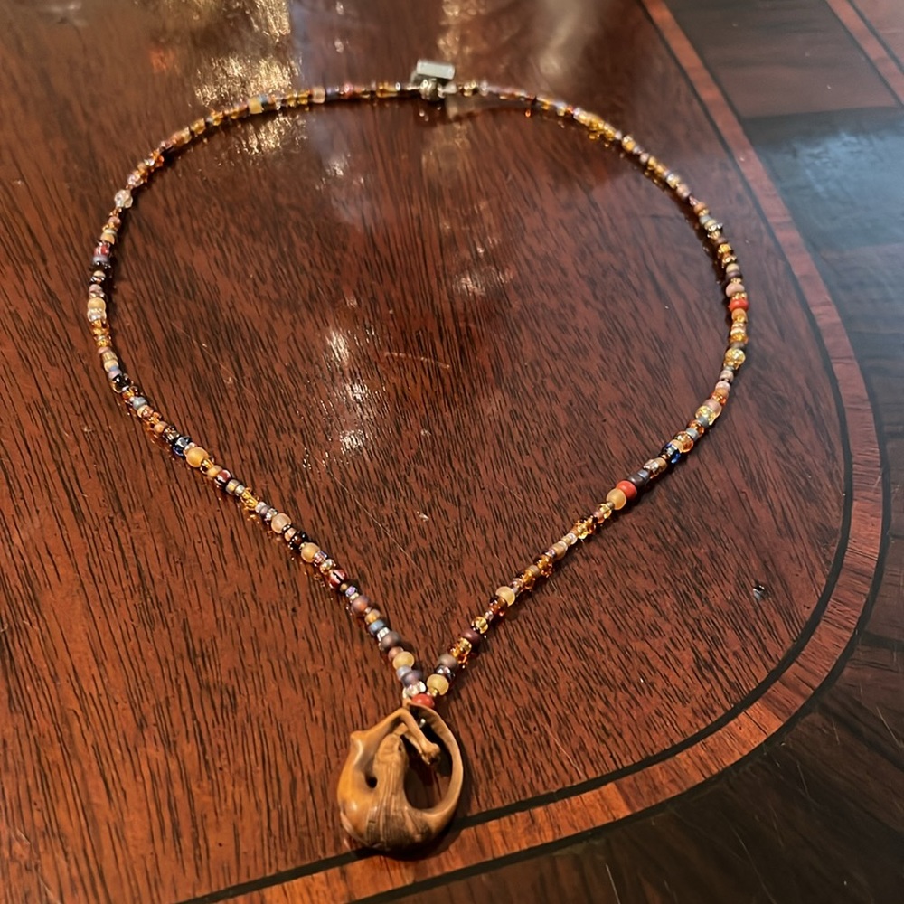 Hand carved Wooden Mermaid Siren Necklace with Beads